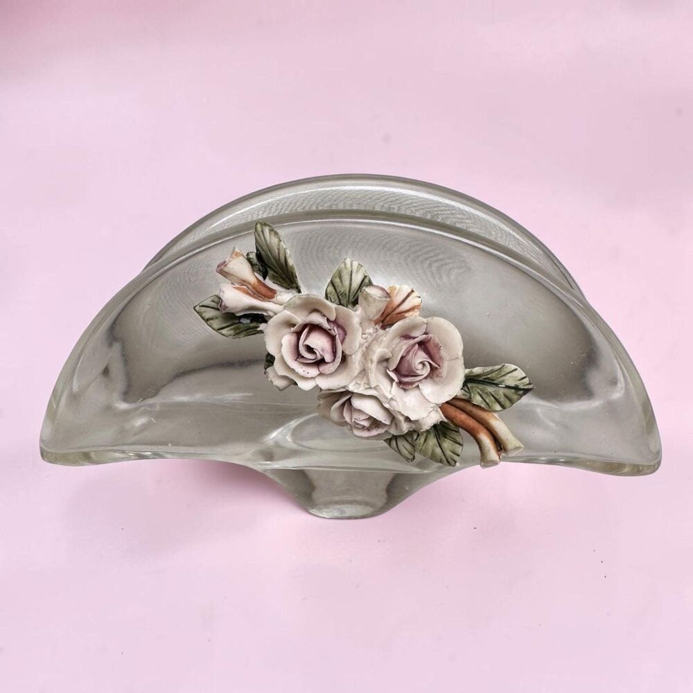 Vintage Capodimonte Style Italian Glass Napkin Holder with Porcelain Roses Italy
